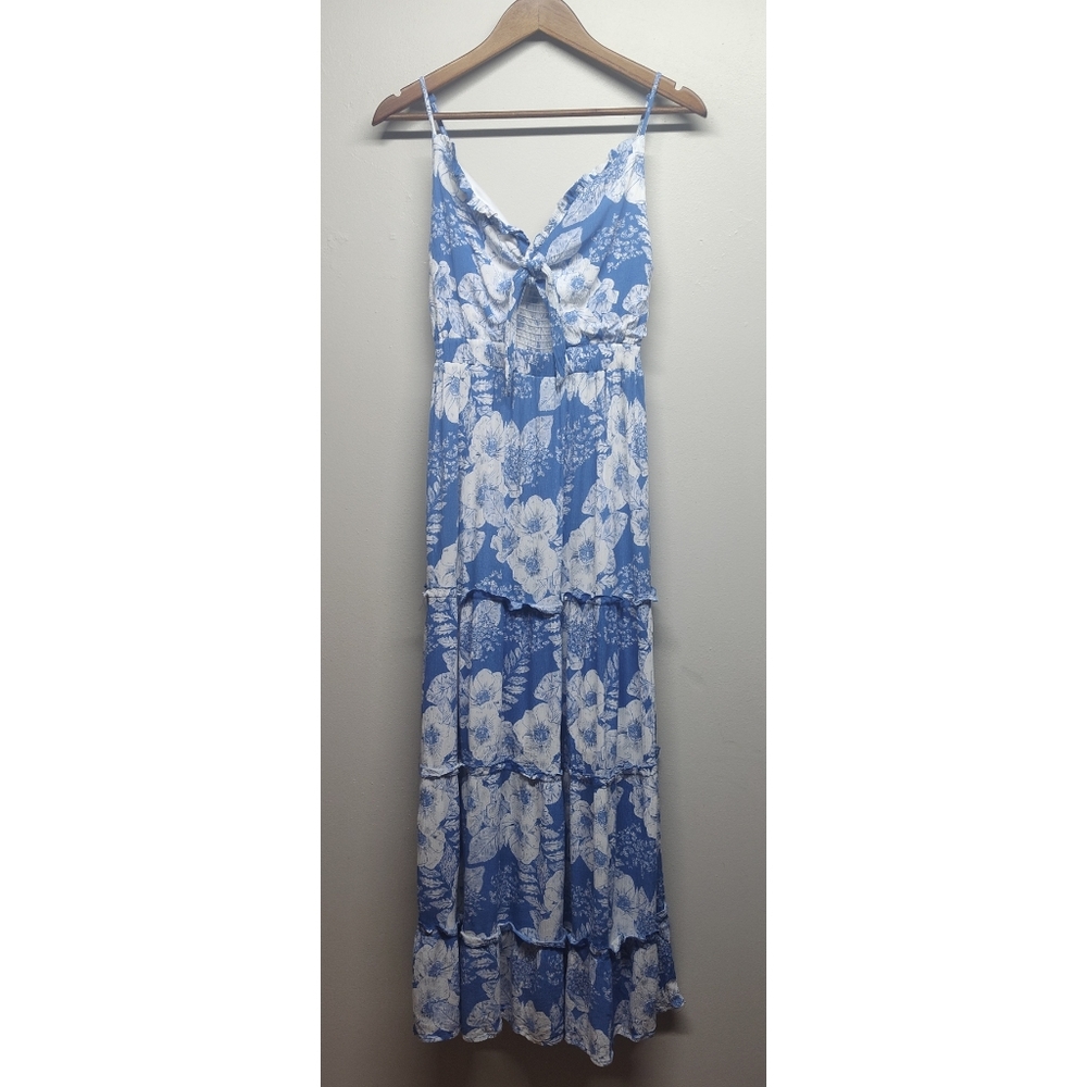 Justily Maxi Dress Women M White Blue Floral Lined Vacation Resortwear Tropical